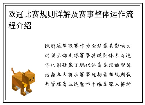 欧冠比赛规则详解及赛事整体运作流程介绍