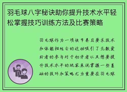 羽毛球八字秘诀助你提升技术水平轻松掌握技巧训练方法及比赛策略