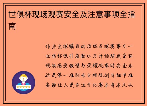 世俱杯现场观赛安全及注意事项全指南