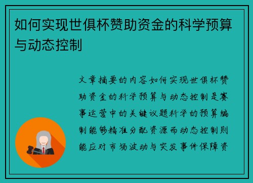 如何实现世俱杯赞助资金的科学预算与动态控制