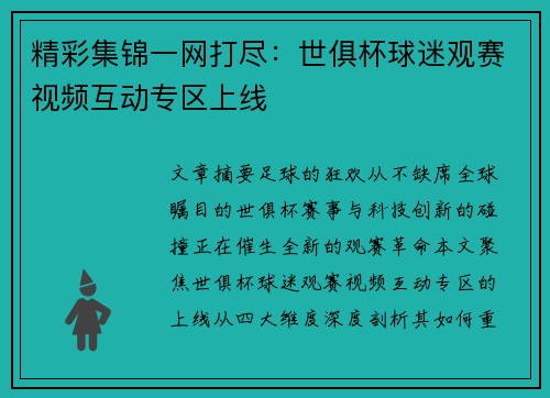 精彩集锦一网打尽：世俱杯球迷观赛视频互动专区上线